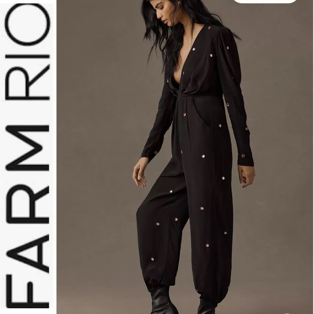 NWT Farm Rio Black Mirror Satin Jumpsuit with Embellishments s - Picture 4 of 16